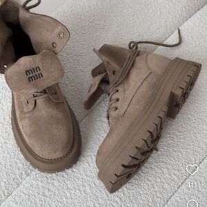 Miu Miu Taupe Suede Lace-Up Boots